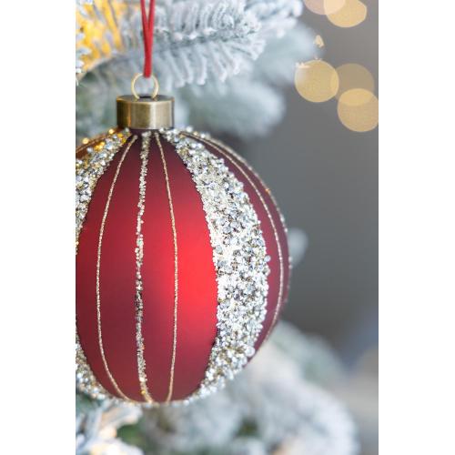 AEELLEEA 4.7" Red Glitter Striped Glass Christmas Ball Ornaments Set of 4, Hanging Baubles for Xmas Tree Holiday Decor