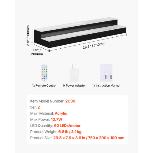 2 Tier 30 Inch LED Liquor Bottle Display, Lighted Acrylic Bar Shelf with RF Remote and APP Control, 9 Colors