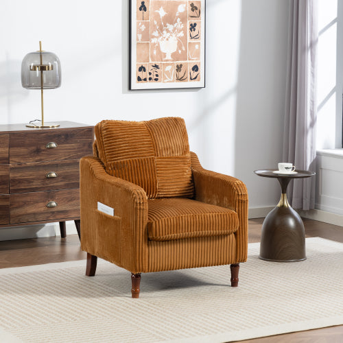 AEELLEEA Mid Century Corduroy Accent Chair, Armchair with Solid Wood Legs & Side Pocket