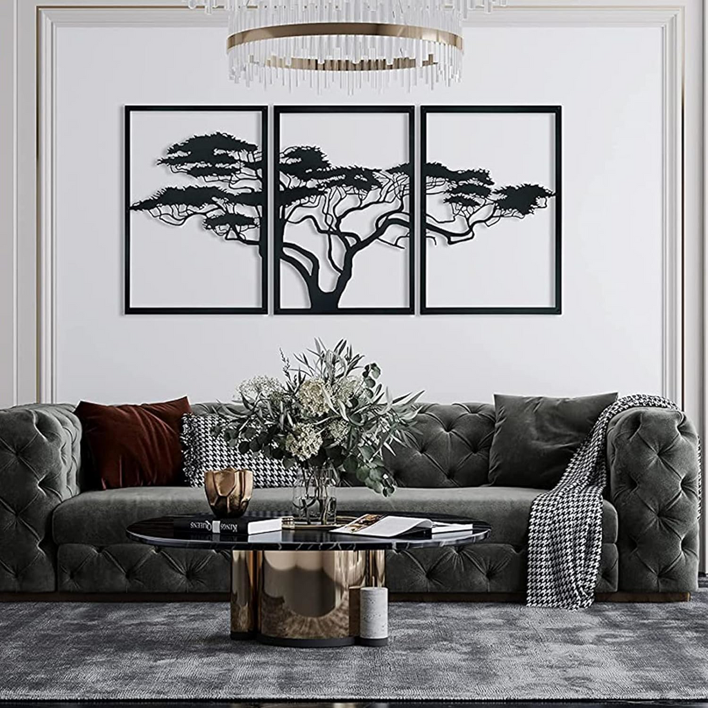 AEELLEEA 3 Panel Tree of Life Metal Wall Art, Black Cutout Tree Silhouette Wall Decor, Modern Iron Tree Wall Sculpture for Living Room Bedroom Office Home Decor