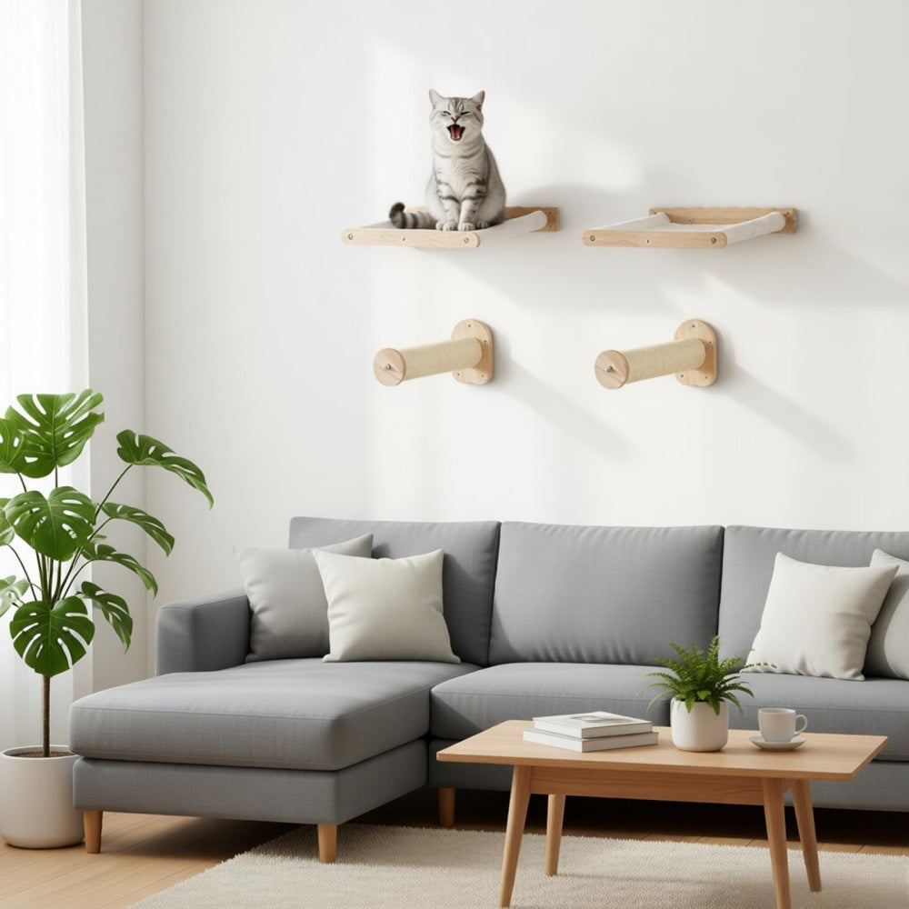 Wall Mounted Cat Shelf Set, Cat Wall Perch Hammock & Sisal Scratching Posts for Indoor Cats