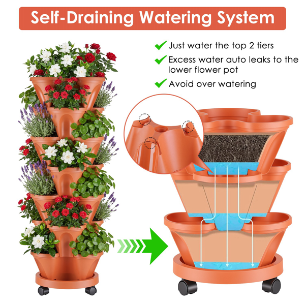 7‑Tier Vertical Stackable Planter with Rolling Casters, Reddish‑Brown Space‑Saving Planting Tower with Drainage Holes for Home Balcony Patio Herb Vegetable