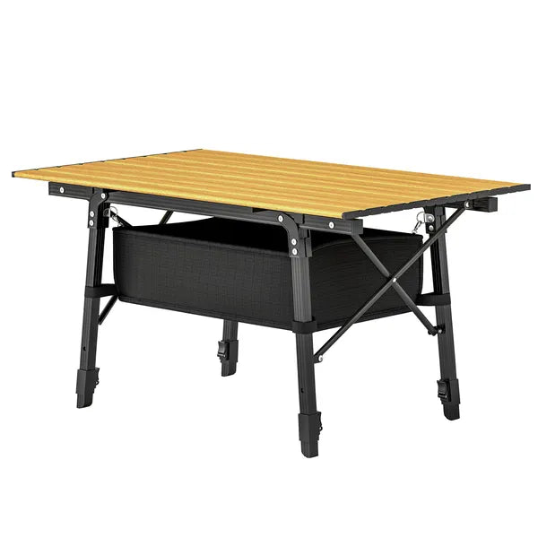 Aeelleea 35.4 Inch Aluminum Folding Camping Table, Portable Outdoor Picnic BBQ Table with Storage Bag & Side Organizer, Brown