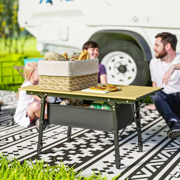 Aeelleea 35.4 Inch Aluminum Folding Camping Table, Portable Outdoor Picnic BBQ Table with Storage Bag & Side Organizer, Brown
