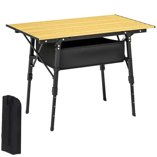 Aeelleea 35.4 Inch Aluminum Folding Camping Table, Portable Outdoor Picnic BBQ Table with Storage Bag & Side Organizer, Brown