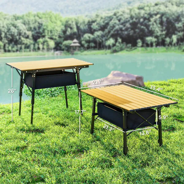 Aeelleea 35.4 Inch Aluminum Folding Camping Table, Portable Outdoor Picnic BBQ Table with Storage Bag & Side Organizer, Brown