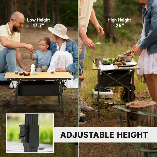 Aeelleea 35.4 Inch Aluminum Folding Camping Table, Portable Outdoor Picnic BBQ Table with Storage Bag & Side Organizer, Brown