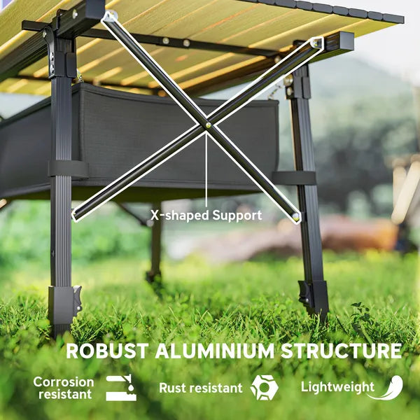 Aeelleea 35.4 Inch Aluminum Folding Camping Table, Portable Outdoor Picnic BBQ Table with Storage Bag & Side Organizer, Brown