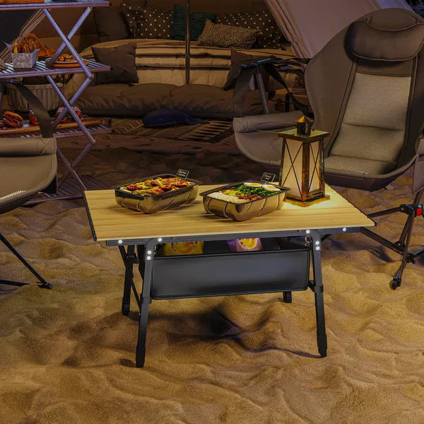 Aeelleea 35.4 Inch Aluminum Folding Camping Table, Portable Outdoor Picnic BBQ Table with Storage Bag & Side Organizer, Brown
