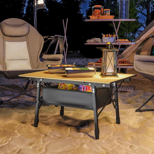 Aeelleea 35.4 Inch Aluminum Folding Camping Table, Portable Outdoor Picnic BBQ Table with Storage Bag & Side Organizer, Brown