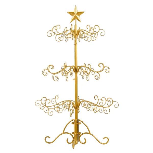 Aeelleea 3 FT Wrought Iron Christmas Tree, Golden Metal Ornament Display Stand, Indoor Outdoor Holiday Party Home Decor Hanging Rack