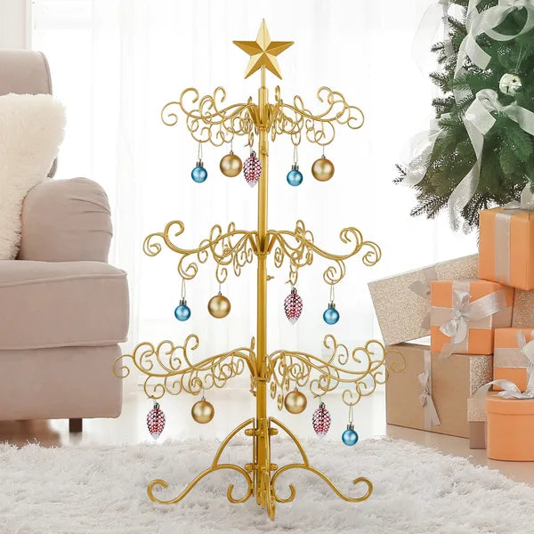 Aeelleea 3 FT Wrought Iron Christmas Tree, Golden Metal Ornament Display Stand, Indoor Outdoor Holiday Party Home Decor Hanging Rack