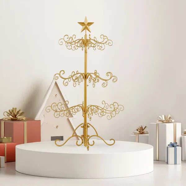 Aeelleea 3 FT Wrought Iron Christmas Tree, Golden Metal Ornament Display Stand, Indoor Outdoor Holiday Party Home Decor Hanging Rack