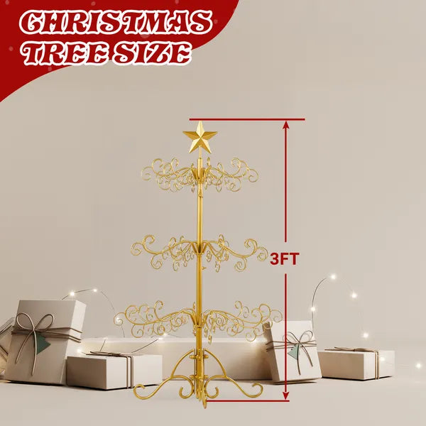 Aeelleea 3 FT Wrought Iron Christmas Tree, Golden Metal Ornament Display Stand, Indoor Outdoor Holiday Party Home Decor Hanging Rack