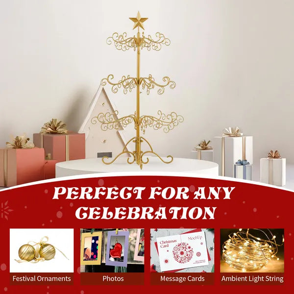 Aeelleea 3 FT Wrought Iron Christmas Tree, Golden Metal Ornament Display Stand, Indoor Outdoor Holiday Party Home Decor Hanging Rack