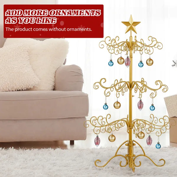 Aeelleea 3 FT Wrought Iron Christmas Tree, Golden Metal Ornament Display Stand, Indoor Outdoor Holiday Party Home Decor Hanging Rack