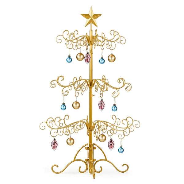 Aeelleea 3 FT Wrought Iron Christmas Tree, Golden Metal Ornament Display Stand, Indoor Outdoor Holiday Party Home Decor Hanging Rack