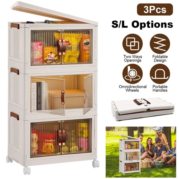 Aeelleea 3-Tier Folding Storage Cabinet With Wheels, Stackable Plastic Organizer With Fluted Transparent Doors For Home Bedroom
