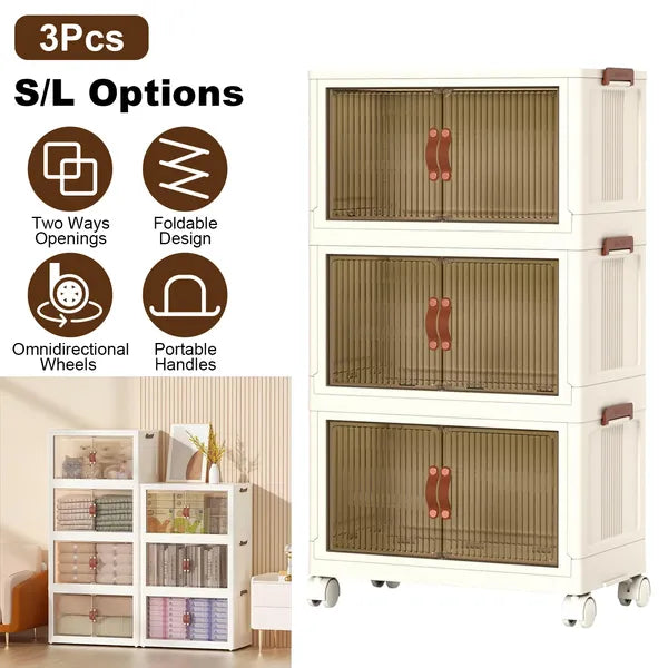 Aeelleea 3-Tier Folding Storage Cabinet With Wheels, Stackable Plastic Organizer With Fluted Transparent Doors For Home Bedroom