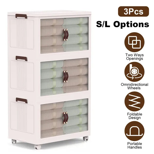 Aeelleea 3-Tier Folding Storage Cabinet With Wheels, Stackable Plastic Organizer With Fluted Transparent Doors For Home Bedroom