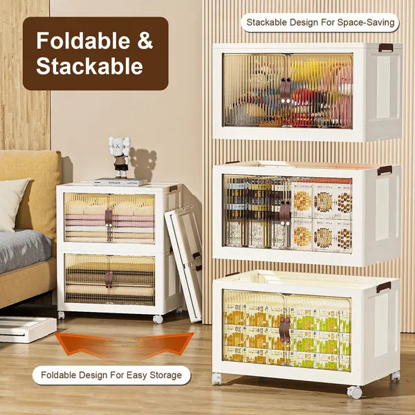 Aeelleea 3-Tier Folding Storage Cabinet With Wheels, Stackable Plastic Organizer With Fluted Transparent Doors For Home Bedroom