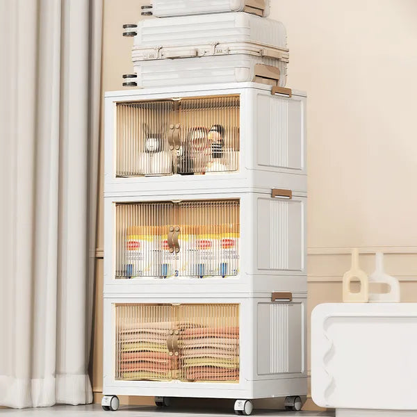 Aeelleea 3-Tier Folding Storage Cabinet With Wheels, Stackable Plastic Organizer With Fluted Transparent Doors For Home Bedroom