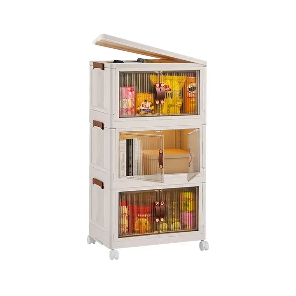 Aeelleea 3-Tier Folding Storage Cabinet With Wheels, Stackable Plastic Organizer With Fluted Transparent Doors For Home Bedroom