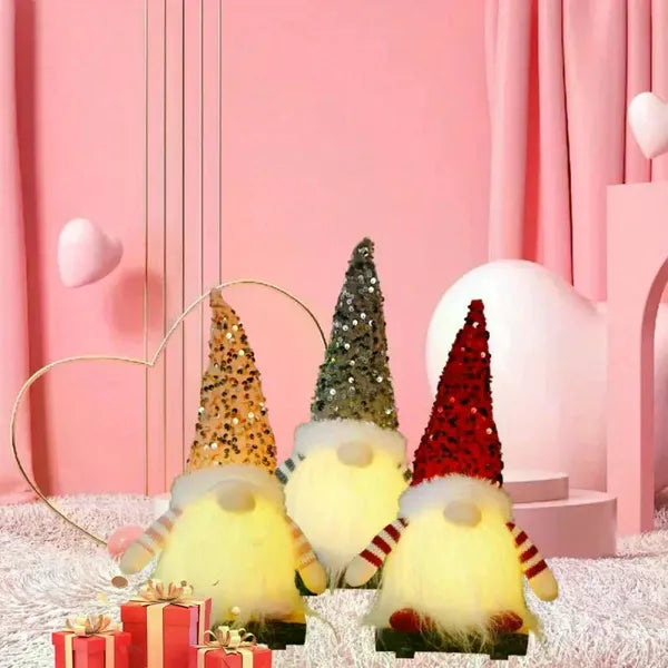 3PCS Light‑Up Christmas Gnome Plush Dolls, 12 Inch Glitter Sequin Swedish Hat Dwarf Ornaments, Home Table Holiday Decor & Gift