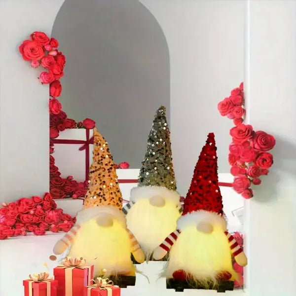 3PCS Light‑Up Christmas Gnome Plush Dolls, 12 Inch Glitter Sequin Swedish Hat Dwarf Ornaments, Home Table Holiday Decor & Gift
