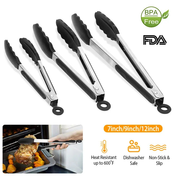 `3 Pack Kitchen Food Tongs, 7/9/12 Inch Stainless Steel Cooking Tongs with Silicone Tips, Heat Resistant Non-Stick Serving Tongs for BBQ Salad Grilling`