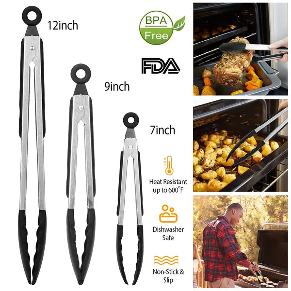 `3 Pack Kitchen Food Tongs, 7/9/12 Inch Stainless Steel Cooking Tongs with Silicone Tips, Heat Resistant Non-Stick Serving Tongs for BBQ Salad Grilling`