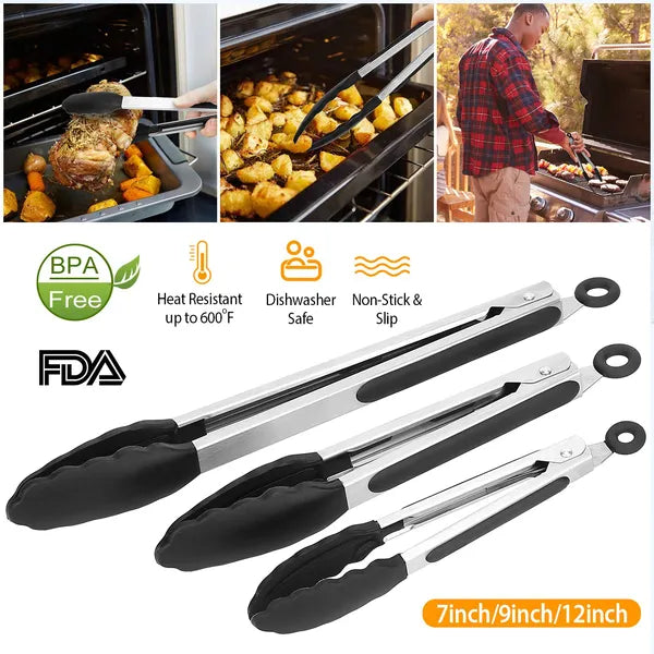 `3 Pack Kitchen Food Tongs, 7/9/12 Inch Stainless Steel Cooking Tongs with Silicone Tips, Heat Resistant Non-Stick Serving Tongs for BBQ Salad Grilling`