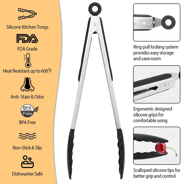 `3 Pack Kitchen Food Tongs, 7/9/12 Inch Stainless Steel Cooking Tongs with Silicone Tips, Heat Resistant Non-Stick Serving Tongs for BBQ Salad Grilling`