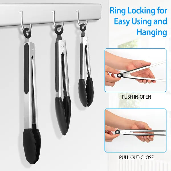 `3 Pack Kitchen Food Tongs, 7/9/12 Inch Stainless Steel Cooking Tongs with Silicone Tips, Heat Resistant Non-Stick Serving Tongs for BBQ Salad Grilling`