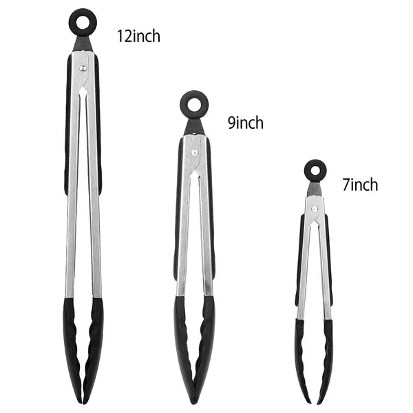 `3 Pack Kitchen Food Tongs, 7/9/12 Inch Stainless Steel Cooking Tongs with Silicone Tips, Heat Resistant Non-Stick Serving Tongs for BBQ Salad Grilling`