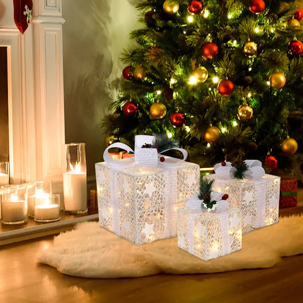 Aeelleea Set of 3 Lighted Gift Boxes, Square ABS Frame LED Warm White 60 Lights, Christmas Holiday Home Garden Decor Boxes
