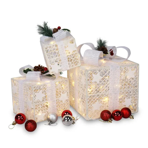 Aeelleea Set of 3 Lighted Gift Boxes, Square ABS Frame LED Warm White 60 Lights, Christmas Holiday Home Garden Decor Boxes