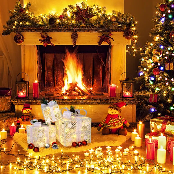 Aeelleea Set of 3 Lighted Gift Boxes, Square ABS Frame LED Warm White 60 Lights, Christmas Holiday Home Garden Decor Boxes