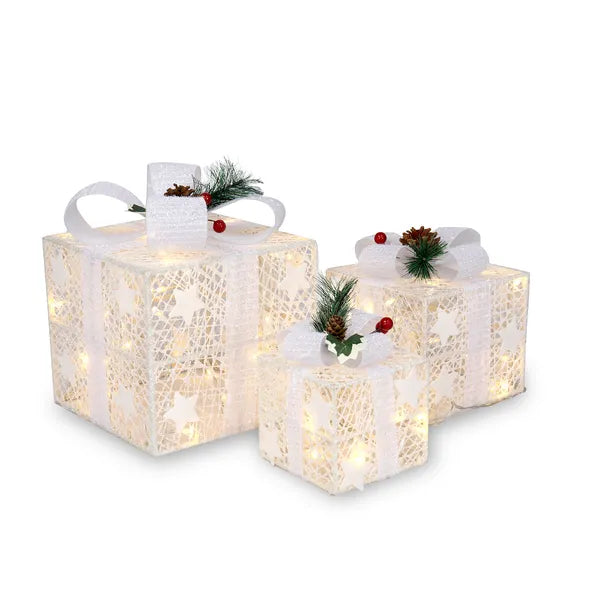 Aeelleea Set of 3 Lighted Gift Boxes, Square ABS Frame LED Warm White 60 Lights, Christmas Holiday Home Garden Decor Boxes