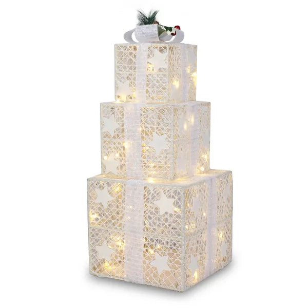 Aeelleea Set of 3 Lighted Gift Boxes, Square ABS Frame LED Warm White 60 Lights, Christmas Holiday Home Garden Decor Boxes