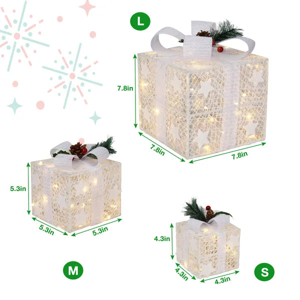 Aeelleea Set of 3 Lighted Gift Boxes, Square ABS Frame LED Warm White 60 Lights, Christmas Holiday Home Garden Decor Boxes