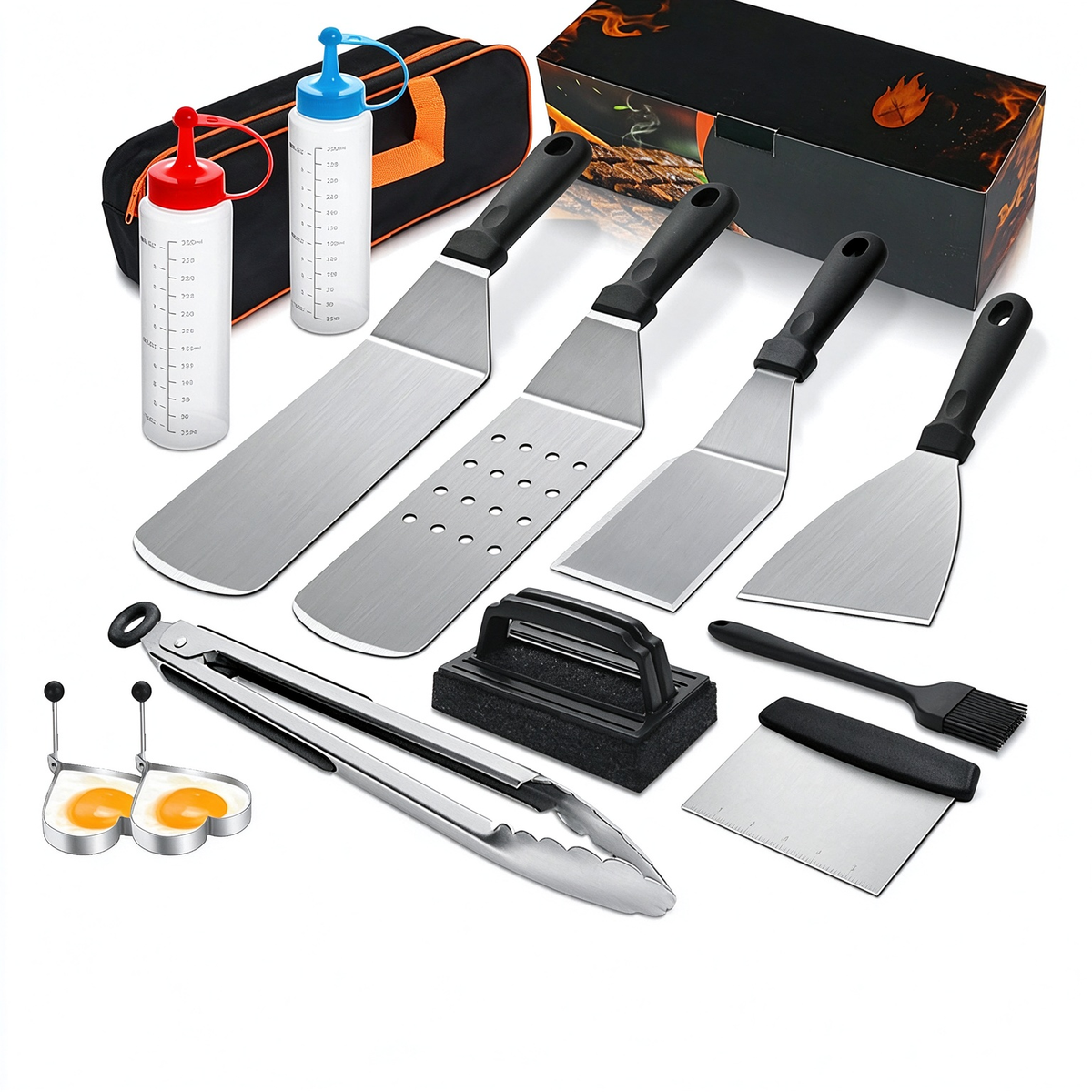 AEELLEEA-14 Pcs Professional Stainless Steel Griddle Grill Tools Set, BBQ Accessories for Outdoor Grilling & Cooking