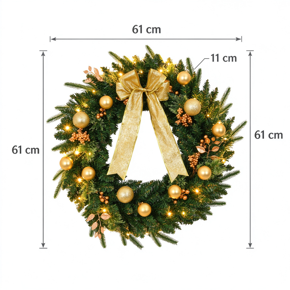 AEELLEEA-24in Pre-lit Artificial Christmas Wreath with Remote, 50 Warm LED Lights, 120 PVC Tips & Ornaments for Front Door, Gate & Wall Holiday Decor