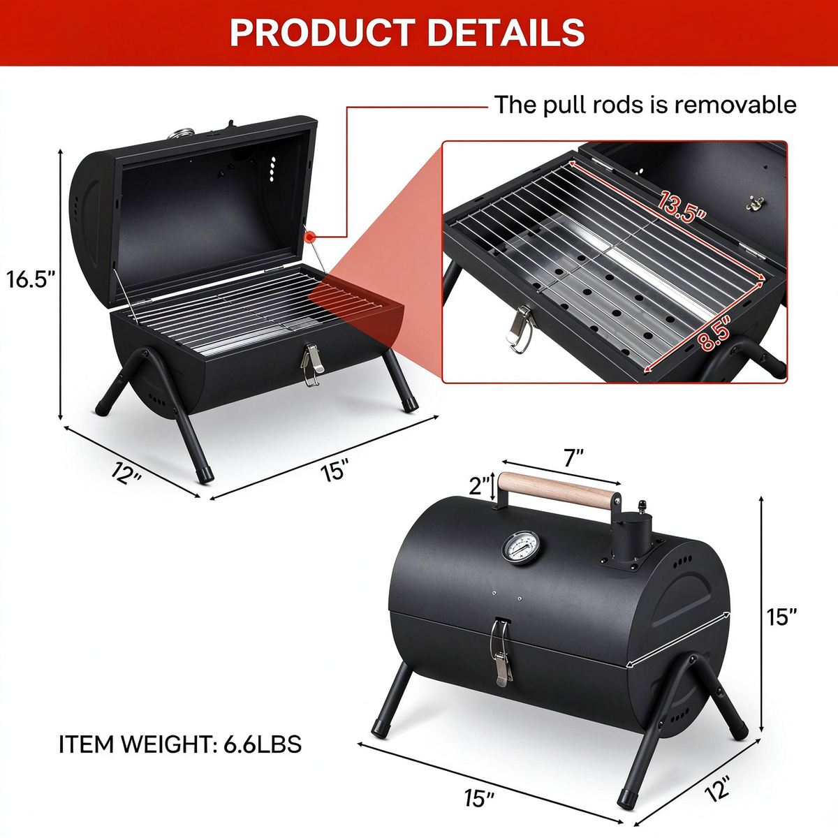 AEELLEEA-Portable Charcoal Grill with Thermometer & Wooden Handle, Compact Tabletop BBQ Grill for Camping