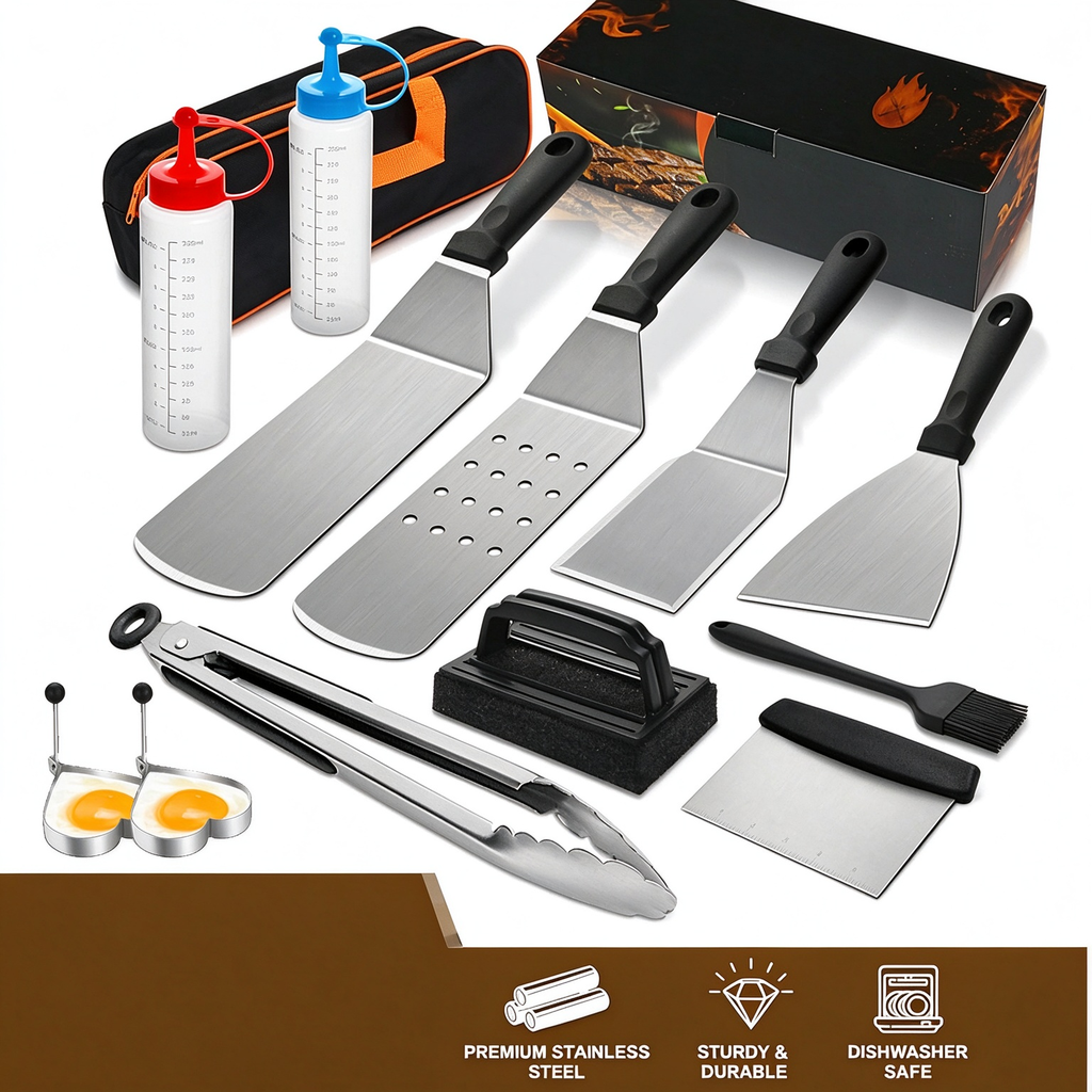 AEELLEEA-14 Pcs Professional Stainless Steel Griddle Grill Tools Set, BBQ Accessories for Outdoor Grilling & Cooking