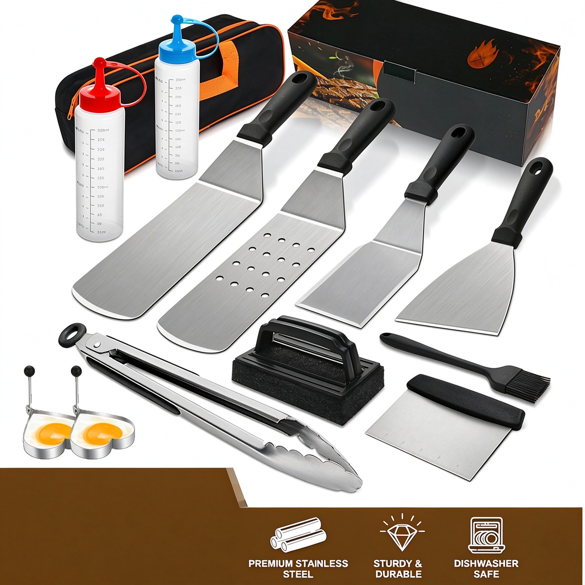 AEELLEEA-14 Pcs Professional Stainless Steel Griddle Grill Tools Set, BBQ Accessories for Outdoor Grilling & Cooking