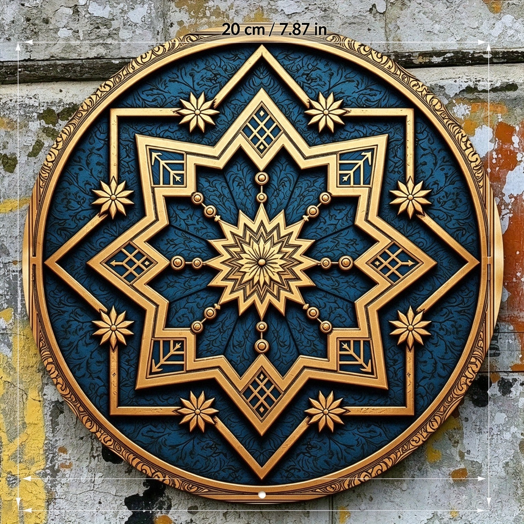 AEELLEEA-Blue Star Geometric Round Aluminum Tin Sign, 7.88 Inch 2D Flat Printed Islamic Style Wall Plaque, Waterproof Metal Art Decor