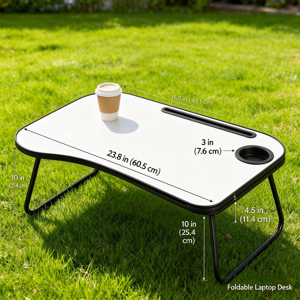 AEELLEEA- Foldable Wooden Laptop Desk, Portable Bed Tray Table with Cup Holder, Smooth Surface Lap Desk for Working