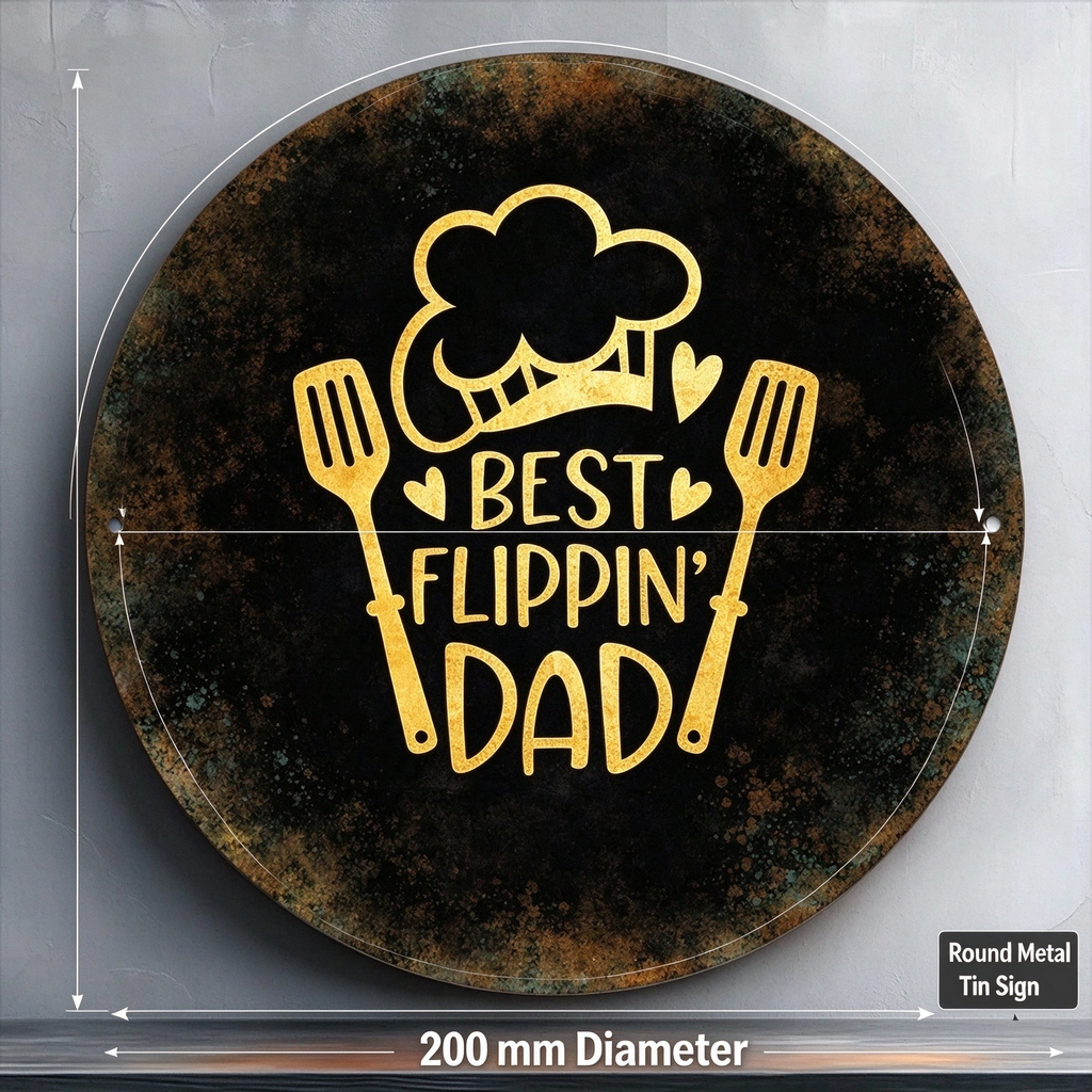 AEELLEEA-8 Inch Round Retro Metal Tin Sign, Best Flippin Dad Kitchen BBQ Wall Plaque, Father's Day Gift for Dad