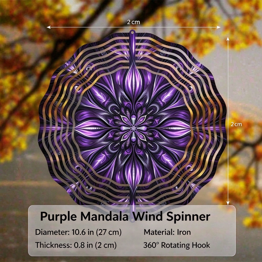 AEELLEEA-Purple Mandala Wind Spinner, Iron Hanging Wind Sculpture for Yard Patio Balcony Garden Decor, 360° Rotating Hanging Ornament